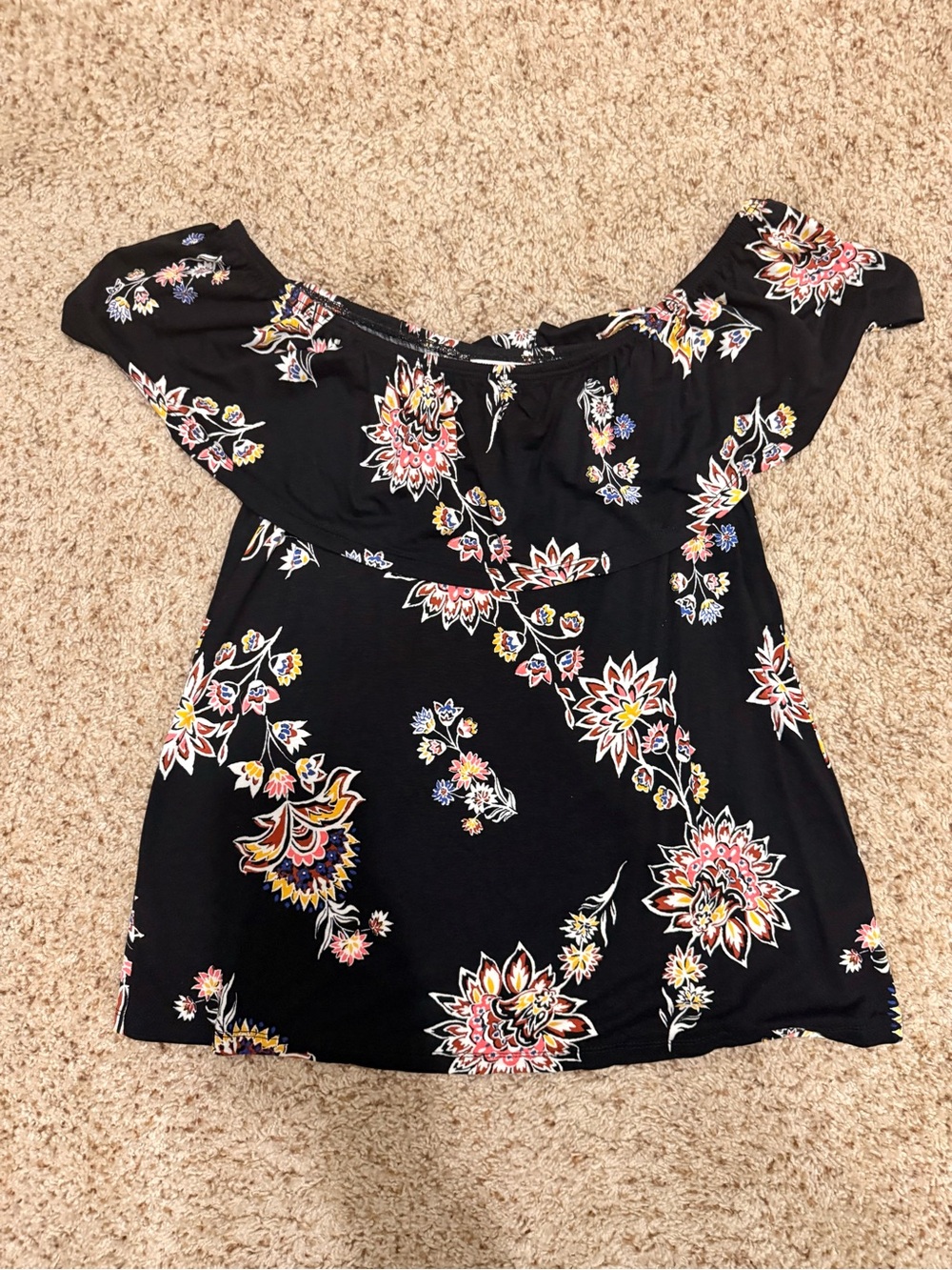 Off-Shoulder Floral Print Women's Top - Black